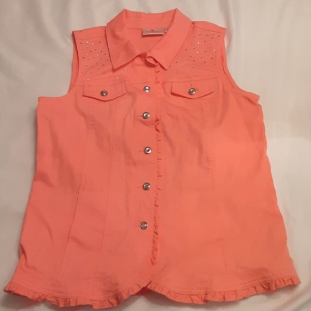 QUACKER FACTORY Ruffle Vest Rhinestone Yoke in Coral- Womens Size Medium.